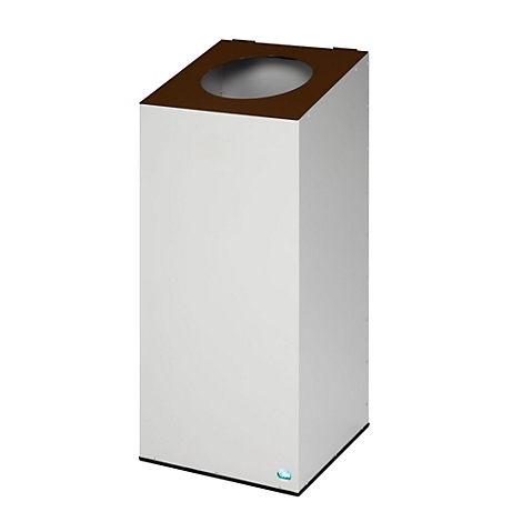 Poubelle cubique blanche avec couvercle marron et ouverture ronde. Sur socle noir, avec LED bleue.