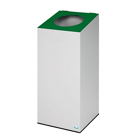 Poubelle cubique blanche avec couvercle vert et ouverture ronde. Sur une plaque de base noire, petite lumière bleue en bas.