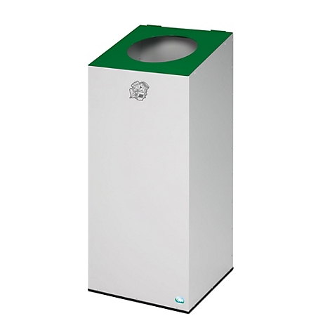 Poubelle cubique blanche avec couvercle vert et ouverture d'entrée. Lumière bleue en bas.