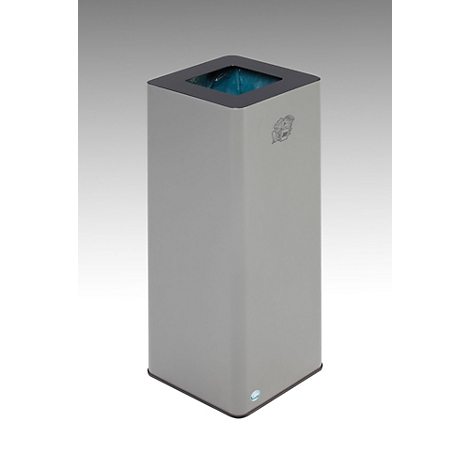 Poubelle grise et carrée avec une ouverture carrée avec une couleur intérieure bleue. Un bord sombre est visible en haut.