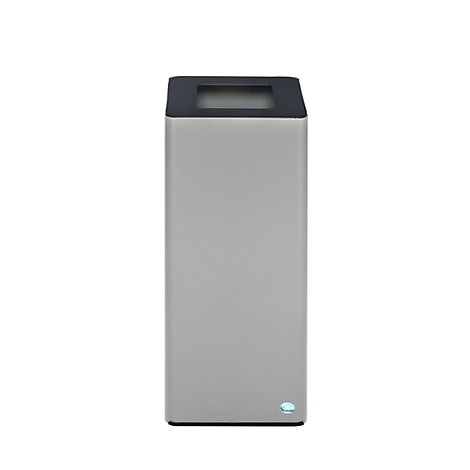 Poubelle grise et rectangulaire avec ouverture carrée sur le dessus. Une lumière bleue est située en bas.