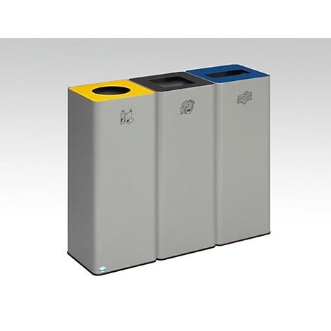 Trois poubelles grises avec des couvercles jaunes, noirs et bleus. Des pictogrammes indiquent les différents types de déchets.