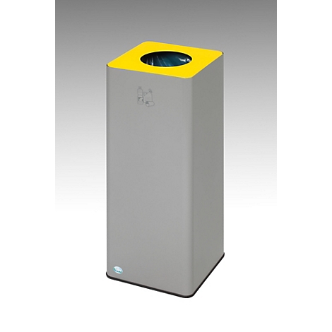 Poubelle grise avec couvercle jaune et trou rond. Des symboles de recyclage sont visibles sur le conteneur.