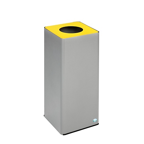 Poubelle grise avec couvercle jaune et trou rond.