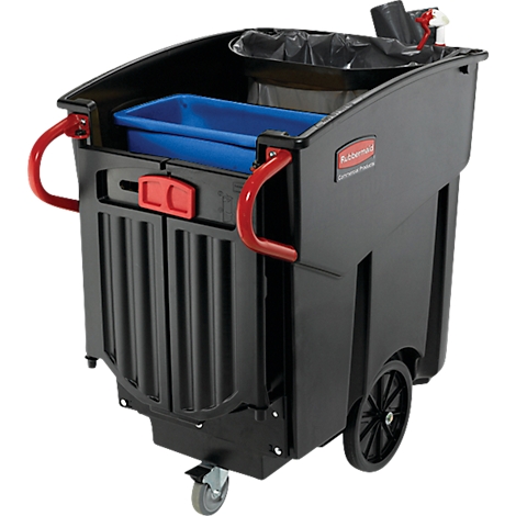 Chariot de nettoyage noir avec poignée rouge, seau bleu, roues et sac poubelle.