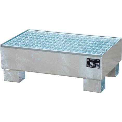 Metal spill containment pallet with grid, standing on four legs.