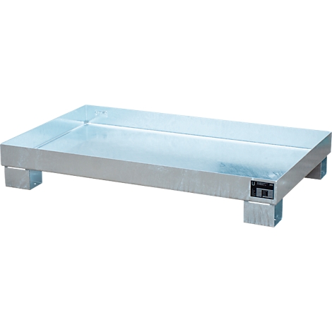 Metal pallet with a rectangular base, silver-colored, square feet.