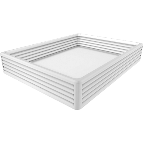 White, rectangular stackable container with ribbed outer structure. The shape is reminiscent of a bathtub.