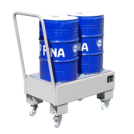 Two blue barrels on a metal cart with handle and wheels, the "FINA" logo is visible.