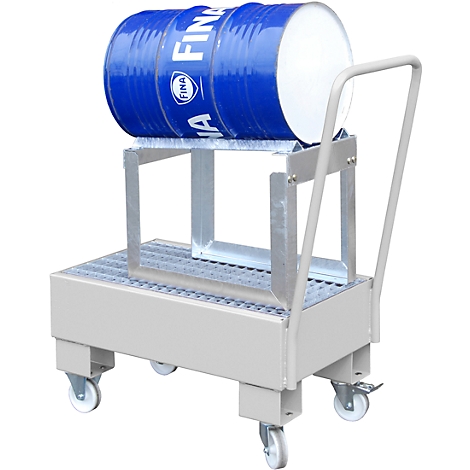 A blue drum cart with blue barrel. The barrel is labeled with FINA.