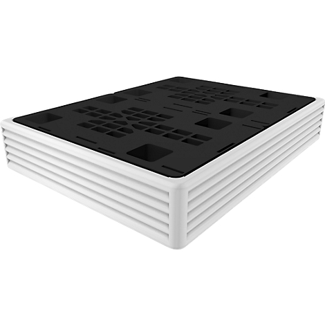 Detailed shot of a white, ribbed plastic box with a black lid.