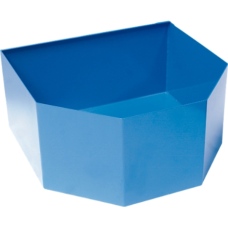Blue, hexagonal object with angled sides. An open box shape with visible interior.
