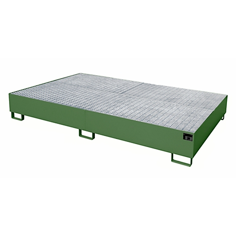 Green steel spill containment tray with grid, for the safe storage of hazardous materials.