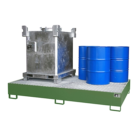 Metal container, blue barrels on a green pallet.