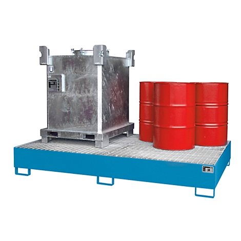 A container and red barrels on a blue metal platform. The surface is rastered.
