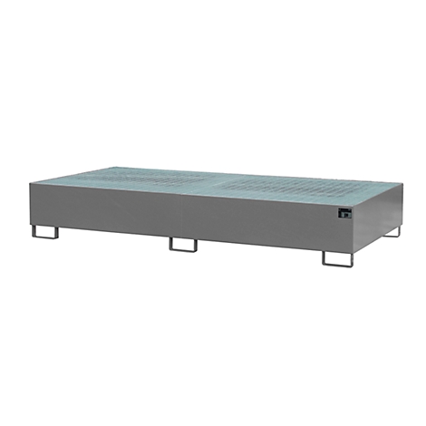 Gray rectangular steel structure with perforated pattern, on four legs, against a white background.