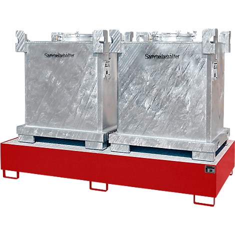 Two silver collection containers on a red platform. The containers read "Sammelbehälter".