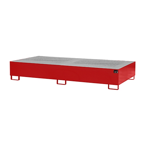 Red rectangular oil pan with metal grid, metal brackets on the feet.