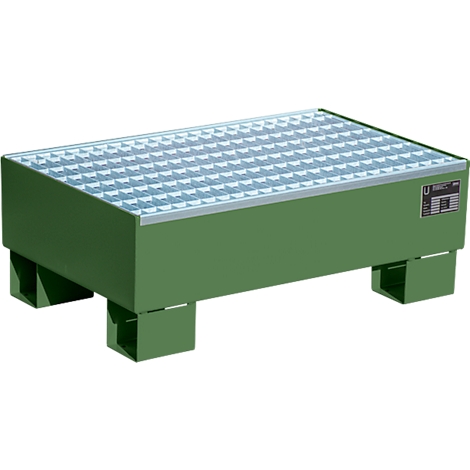 Green drip pan with grating. Rectangular, stands on four feet. Gray grates, metal frame, rectangular sign on the right.