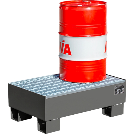 A red oil drum is on a grey spill pallet. The word "VIA" is written on the drum.