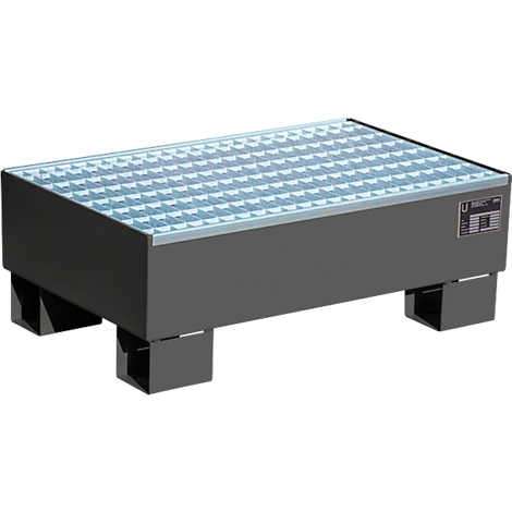 Gray container with grating, stands on four pedestals. The grating is blue. There is a label on the side.