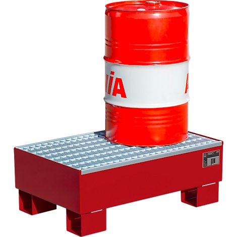 Red oil drum container with a red barrel. The barrel is on a red pallet with metal grid.