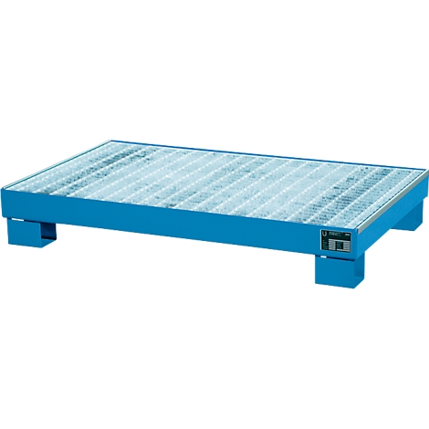 Blue pallet frame with grid grating and four feet. Inscription on the frame.