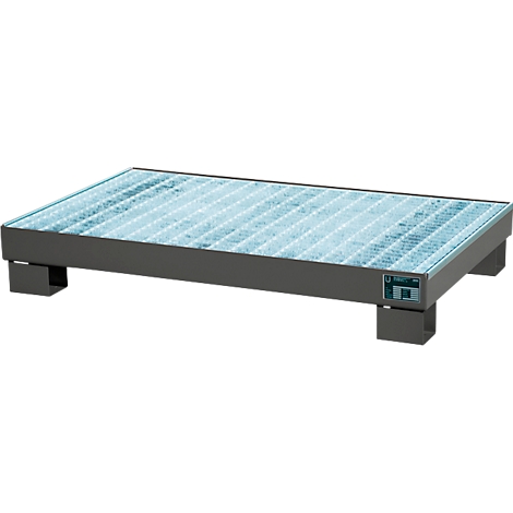 A grey platform with a metallic surface and a grid pattern. It stands on four legs that give it stability.
