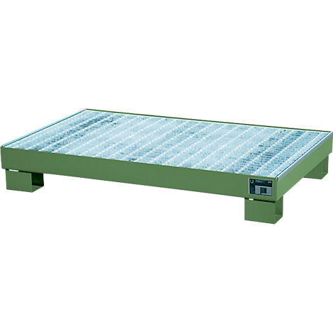 Green metal spill containment with a ribbed surface. It stands on four legs.