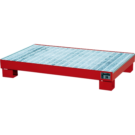 Red drip tray with grate. Rectangular construction on four feet, detailed view.