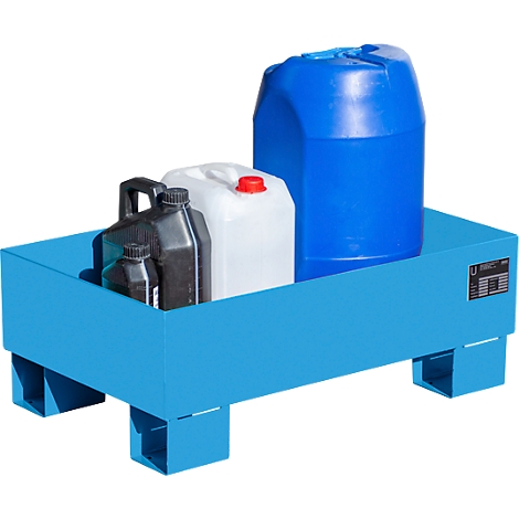 Blue spill pallet with various containers, such as canisters and barrels.