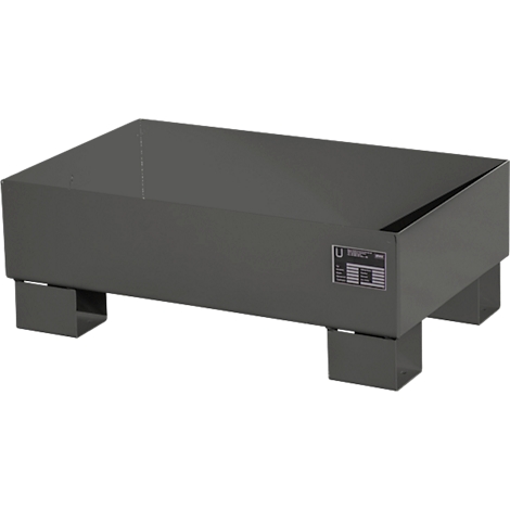 Gray metal trough with sloping side, standing on four feet.