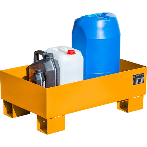 Yellow spill containment pallet holding blue, white, and black canisters. The pallet is on feet.