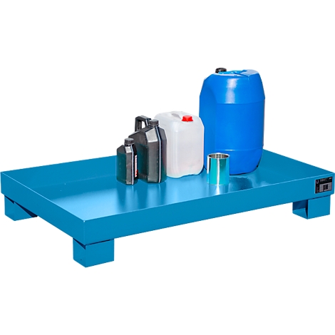 Blue spill containment pallet with containers. There are black and white canisters, a blue canister and a silver cup on it.