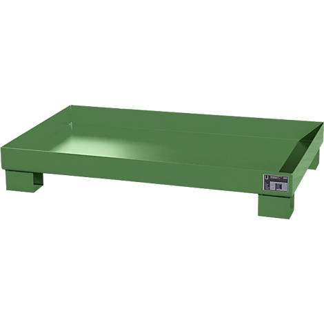 Green, rectangular spill containment tray with legs. Label with technical data. For industrial use.