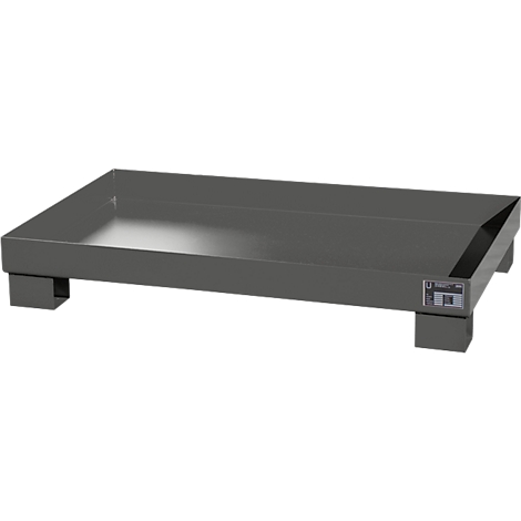 Gray rectangular metal drip tray with four feet.