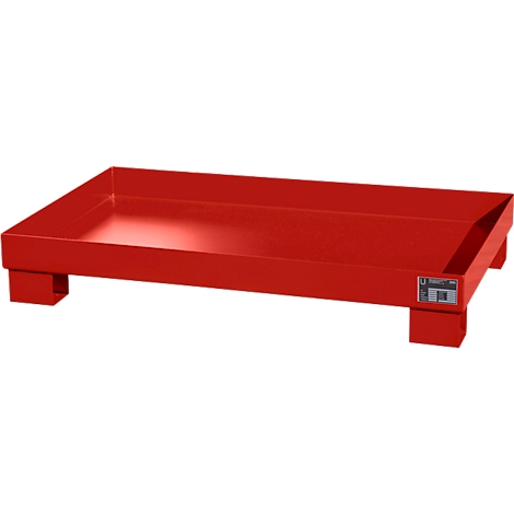 Red steel tub on legs, viewed from above. There is a small label on the edge.