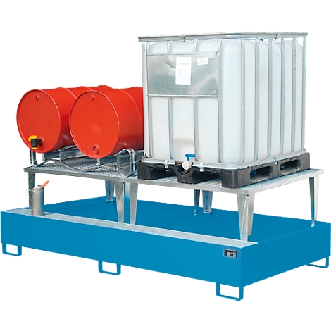 A metal containment system with two red barrels and a white container. The structure sits on a blue tub.