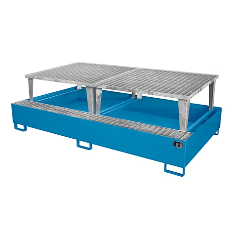 Blue spill containment tray with grating and feet.