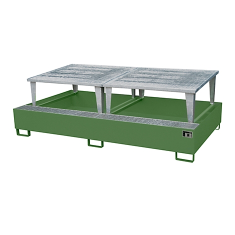 Green spill containment with metal grating for the safe storage of hazardous substances.