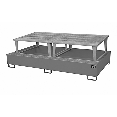 Grey spill containment tray with two areas separated by a grate, with another grate level on top.