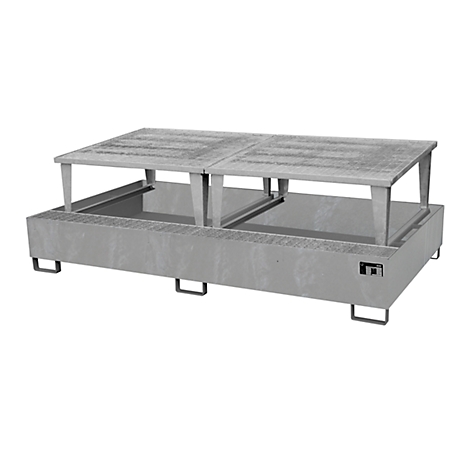 Grey drip pan with two shelves. Rectangular shape, metal look. On feet and with handles.