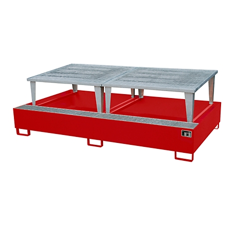 Red spill containment tray with silver grates and feet.