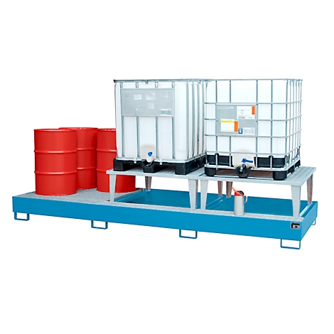 Steel tray with red barrels, two IBC containers, white container and outlet tap.