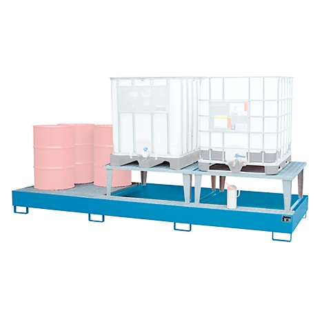 Blue spill containment frame with pink barrels, white IBC containers, and a mug.