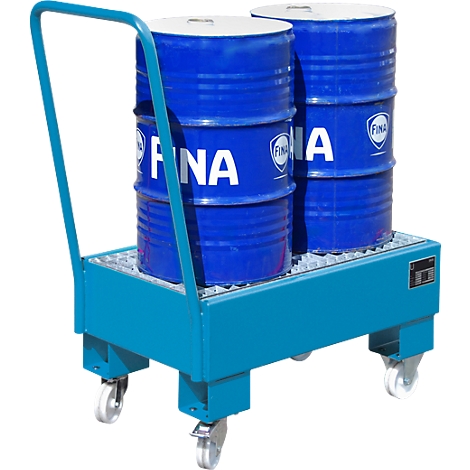 Blue transport cart with two blue barrels. The barrels say FINA.