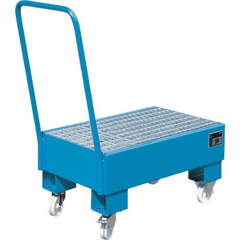 Blue transport cart with grid floor and handle. Four wheels for mobility.