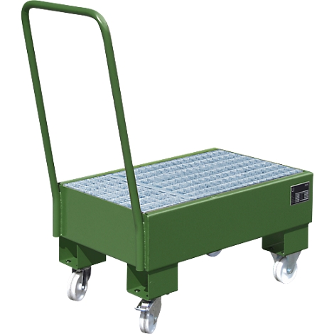 Green transport trolley with grid surface, handle and wheels. For heavy loads.