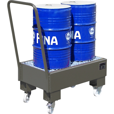 Two blue oil drums with the "FINA" logo on a gray transport cart with handle and castors.