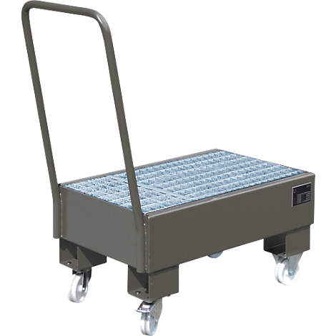 Grey workshop trolley with grid and handle, four wheels.